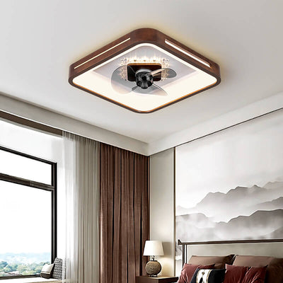 Modern Chinese Walnut Round Square Acrylic LED Flush Mount Ceiling Fan Light