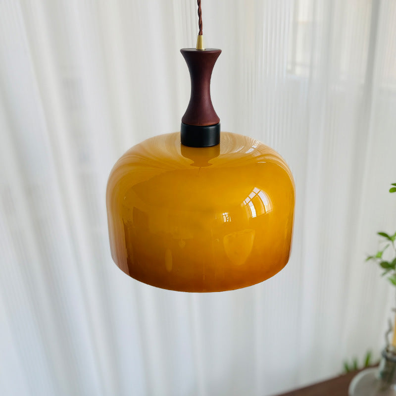 Lámpara colgante de 1 luz, tradicional, vintage, redonda, de madera y vidrio, cilindro redondo, para sala de estar 