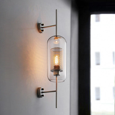 Contemporary Industrial Cylinder Glass Shade Iron Finish Frame 1-Light Wall Sconce Lamp For Bedroom