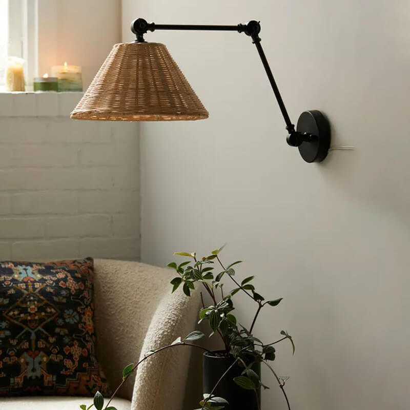 Traditional Rustic Rattan Cone Shade Iron Swing Arm 1-Light Wall Sconce Lamp For Living Room