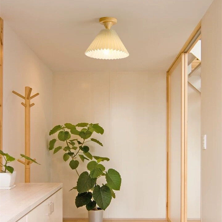Traditionelle japanische Deckenleuchte aus plissiertem, konischem Stoff mit 1 Licht, halbbündige Montage für Wohnzimmer 
