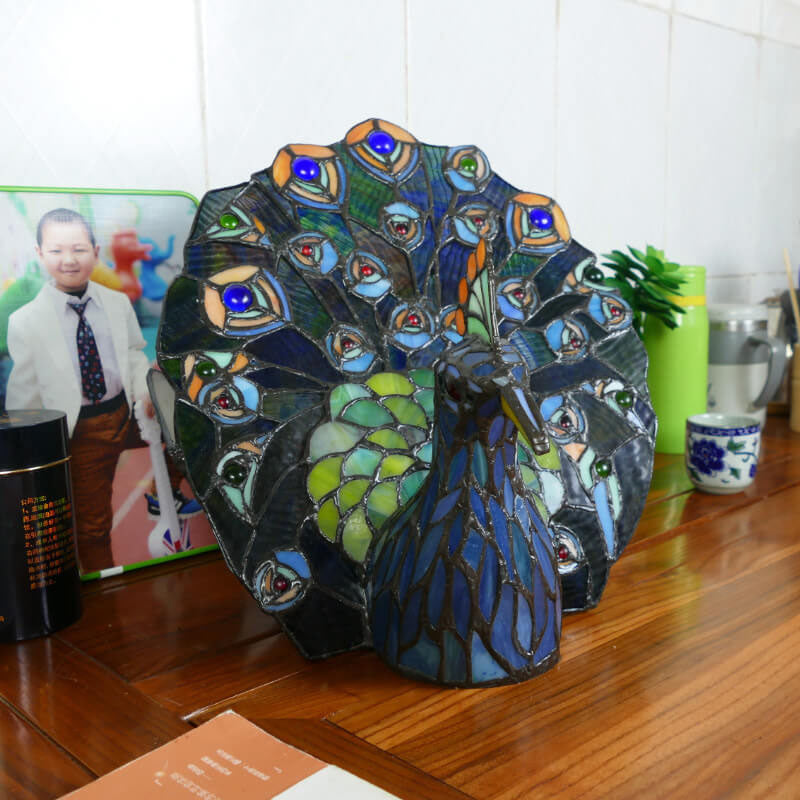 Lámpara de Mesa de 1 Luz con Forma de Pavo Real de Vidrio Tiffany Retro 