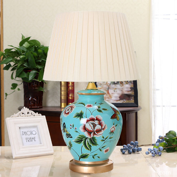 Traditional Chinese Bird Vase Base Ceramic Fabric 1-Light Table Lamp For Living Room