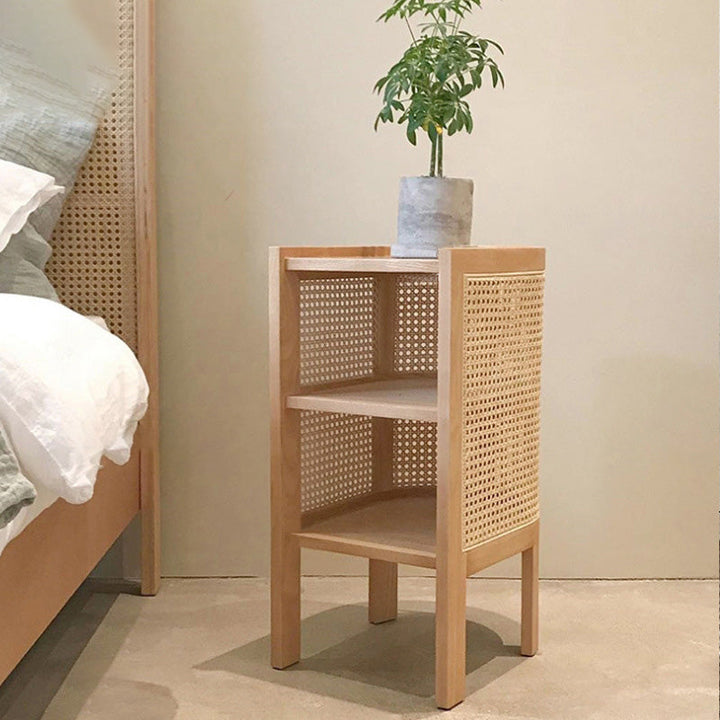Traditional Japanese Half Oval Solid Wood & Plywood Rattan Weaving Nightstand 3-Tier For Bedroom