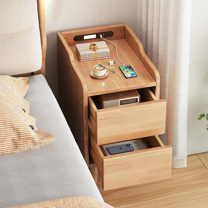 Table de chevet rectangulaire minimaliste moderne en bois de caoutchouc avec 2 tiroirs, lumière de capteur et chargement USB pour chambre 
