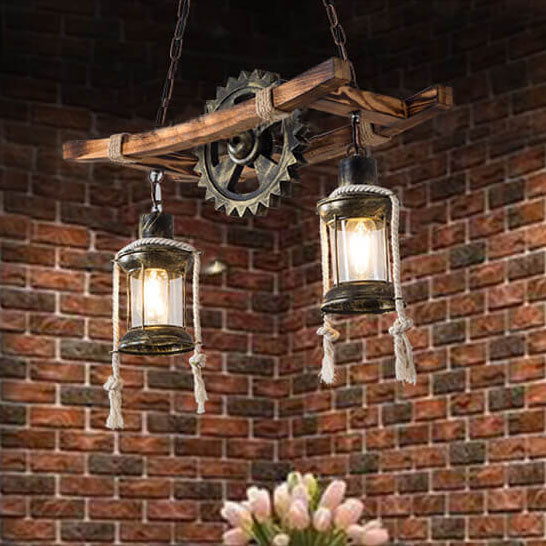 Vintage Industrielle Holz Metall 2-Licht Insel Leuchter 