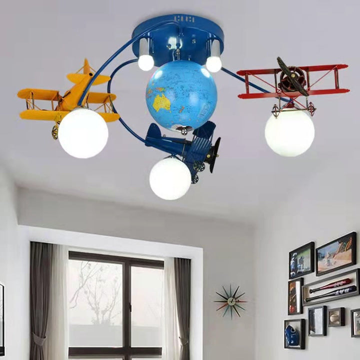 Lámpara de techo de 6 luces para dormitorio con diseño moderno Art Deco de avión con globo de vidrio e hierro para niños 