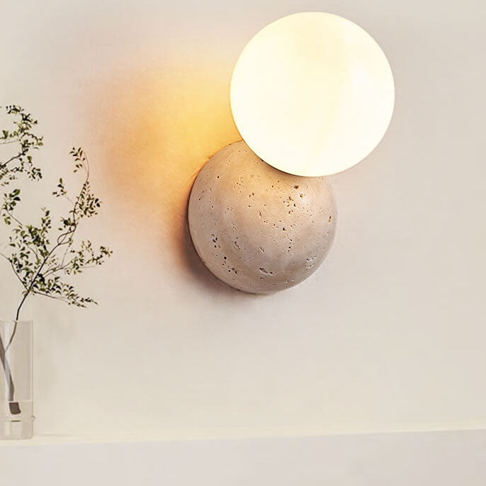 Japanese Minimalist Round Ball Stone 1-Light Wall Sconce Lamp