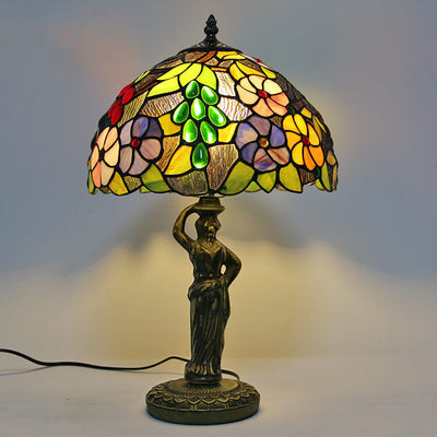 Retro Tiffany Grape Glass Metal Resin Dome 1-Light Table Lamp