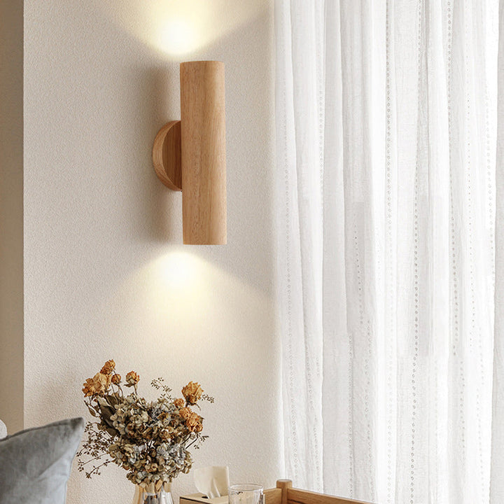 Applique murale LED en bois de caoutchouc cylindrique japonais traditionnel pour chambre à coucher 