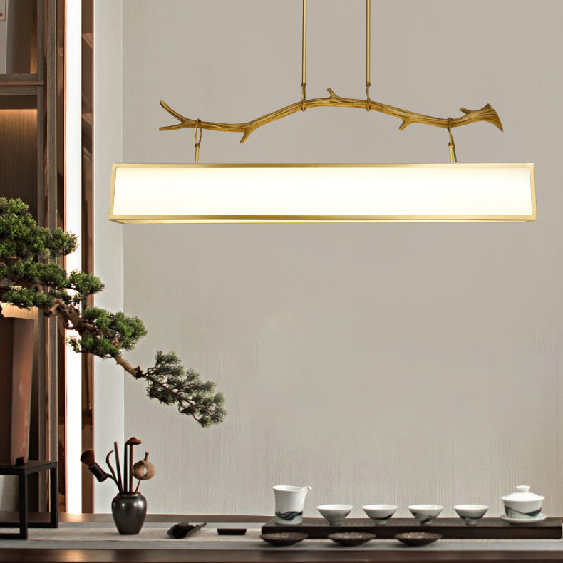 Moderne Art Deco Vollkupfer Zweig Stoff Rechteck Schatten 1-Licht Insel Licht Pendelleuchte für Wohnzimmer 