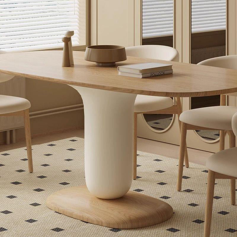 Traditional Japanese Elliptical Oak Wood Cat Scratch Leather Dining Table &amp; Chair Set For 4/6 Seats