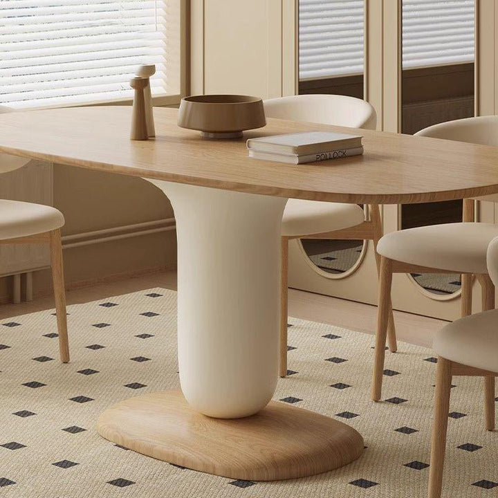 Traditional Japanese Elliptical Oak Wood Cat Scratch Leather Dining Table &amp; Chair Set For 4/6 Seats