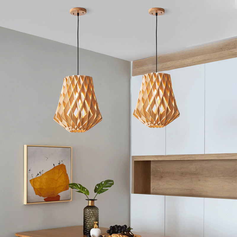 Moderne minimalistische runde Diamant Massivholz Skelett 1-Licht Pendelleuchte für Wohnzimmer 