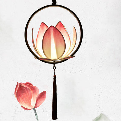Chinese Zen Lotus Fabric Shade Iron Circle Ring Tassel 1-Light Pendant Light