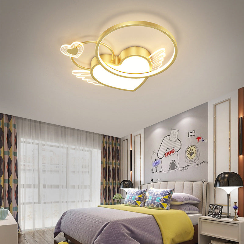 Modern Art Deco Heart Wings Round Acrylic Iron LED Flush Mount Ceiling Light For Bedroom