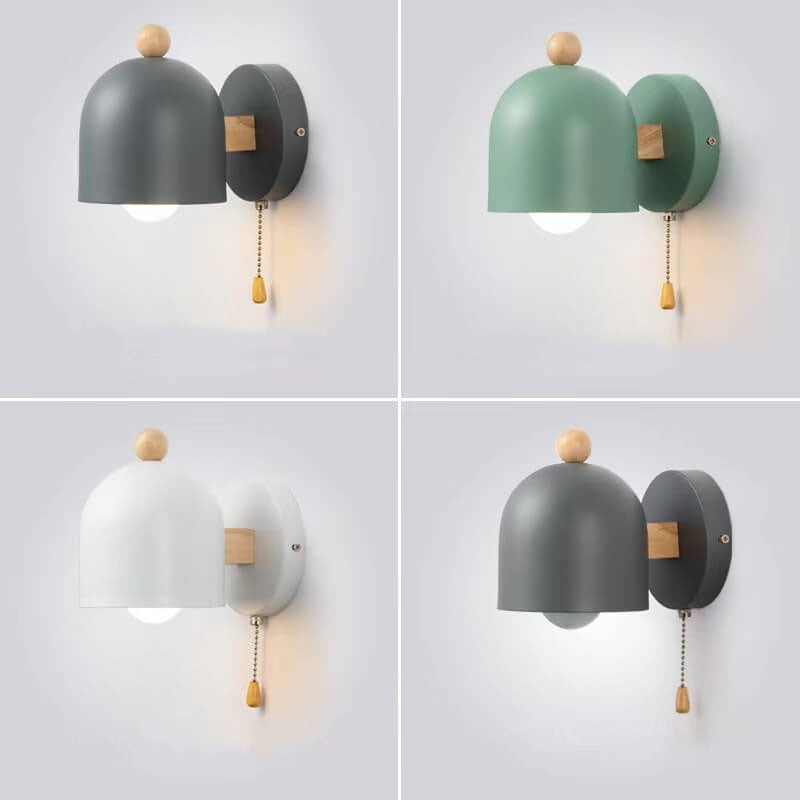 Applique murale 1 lumière avec abat-jour en dôme simple nordique et cordon de tirage en bois 