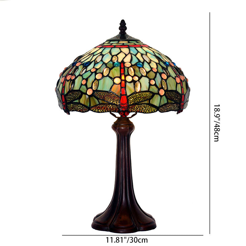 Lampe de table Tiffany traditionnelle en verre teinté en forme de tambour avec libellule, 1 lumière pour étude 