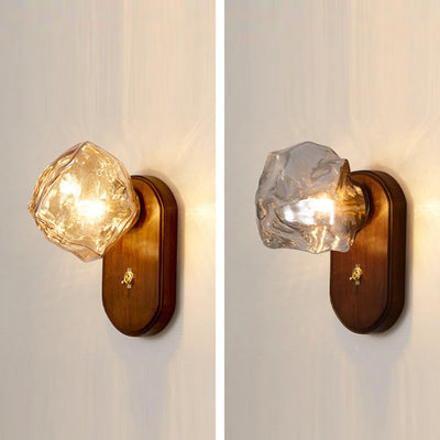 Traditional Japanese Oval Ice Cube Shape Solid Wood Glass 1-Light Wall Sconce Lamp For Bedroom