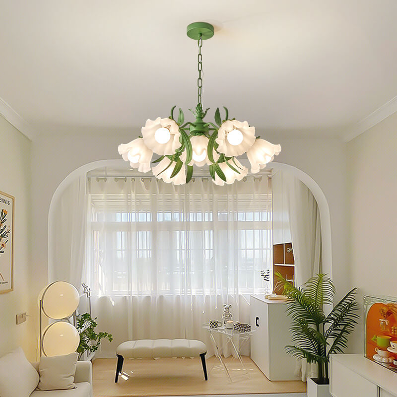 Zeitgenössischer Kreativer Glocken-Orchideenblume Eisen Glas 4/6/7/9 Licht Kronleuchter für Wohnzimmer 