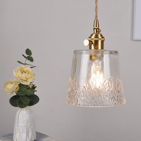 Japanese Vintage Floral Glass Cone Brass 1-Light Pendant Light