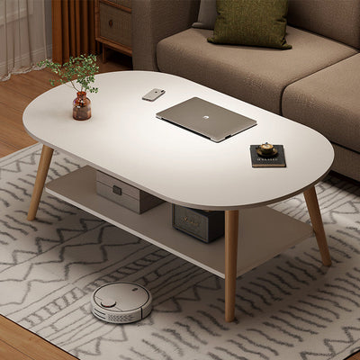 Mesa Auxiliar Moderna Minimalista de Madera Maciza con Forma de Rectángulo Redondeado de 2 Niveles Para Sala de Estar 