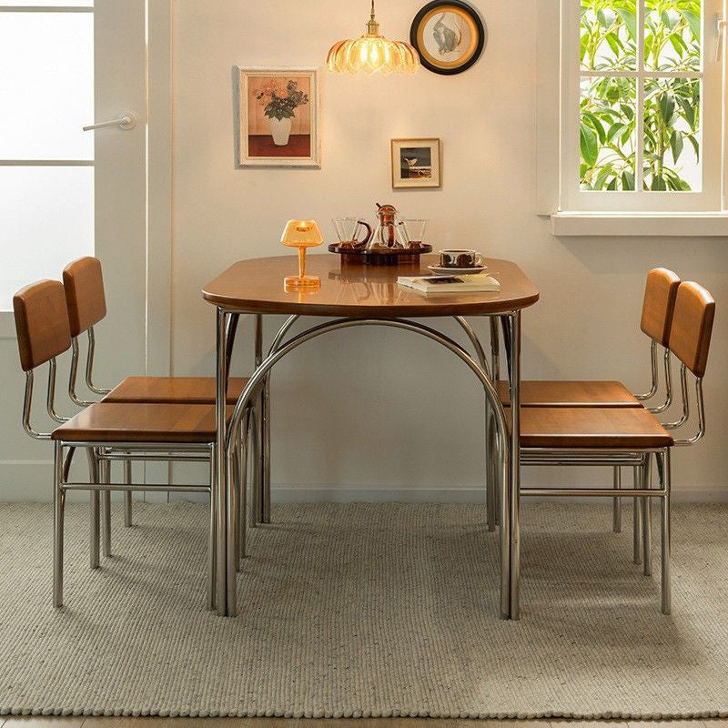 Table à manger elliptique vintage traditionnelle en bois de frêne de pin et acier inoxydable pour 4 places 