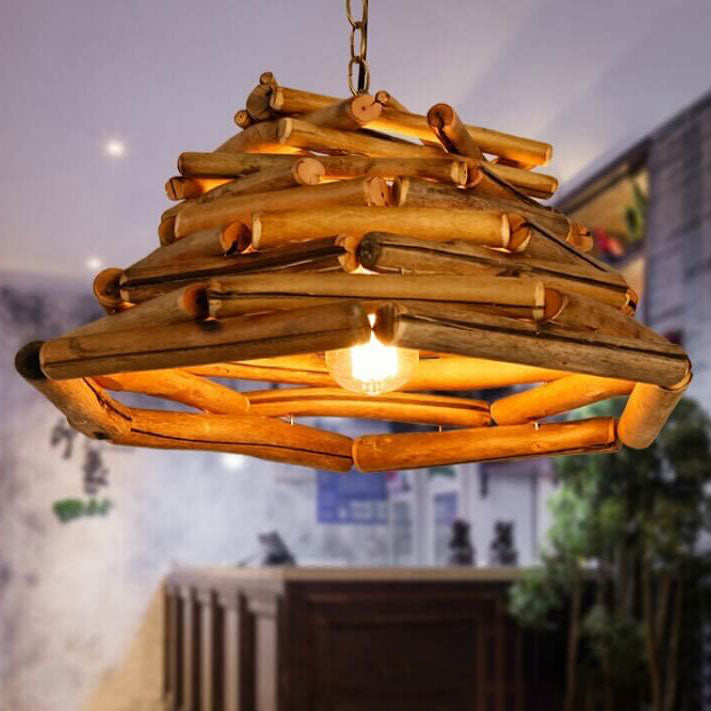 Traditional Vintage Solid Wood Iron Tree Branch Cone 1-Light Pendant Light for Living Room