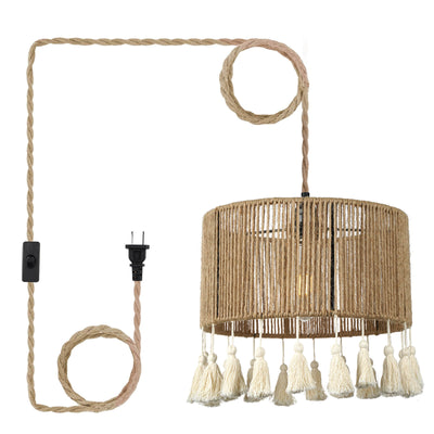 Contemporary Coastal Round Tassel Hemp Rope Rattan 1-Light Pendant Light For Bedroom