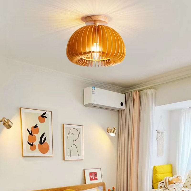 Contemporary Retro Wooden Pumpkin Shape 1-Light Semi-Flush Mount Ceiling Light For Bedroom