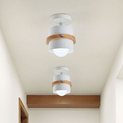 Contemporary Nordic Round Cylinder Iron Wood 1-Light Semi-Flush Mount Ceiling Light For Hallway