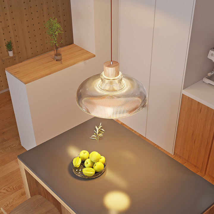 Zeitgenössische Retro Holz Vertikal Glas Runde Schatten 1-Licht Pendelleuchte für Wohnzimmer 