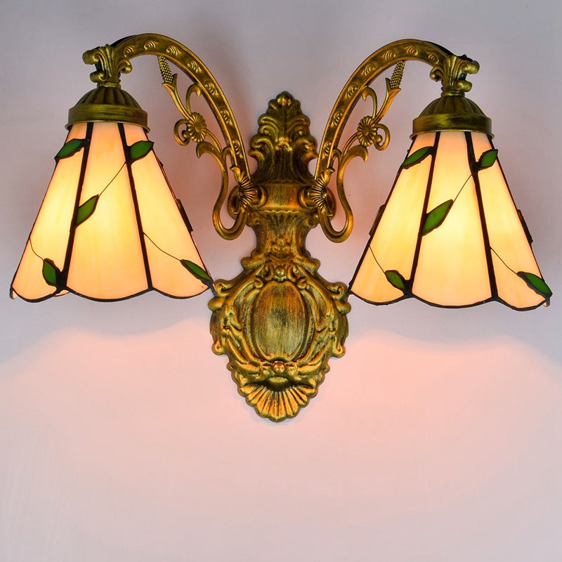 Applique murale à 2 lumières en verre résine fer Tiffany traditionnel conique feuillage pour couloir 