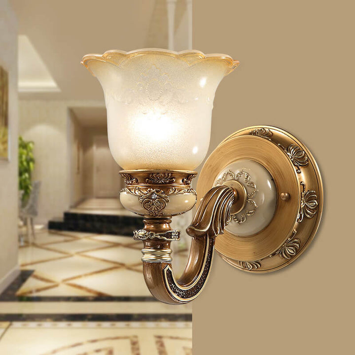 Europäische Vintage-Blumenbecher Eisenharz Glas 1/2 Licht Wandleuchte 