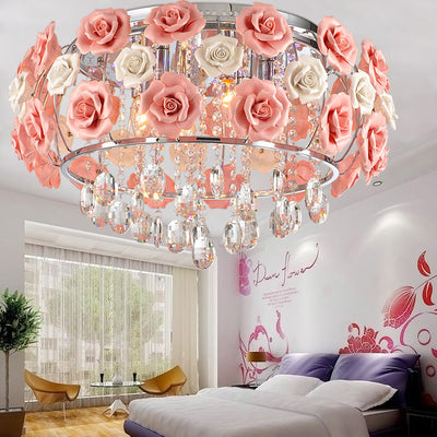 Moderne Minimaliste Rose Ronde Cristal Branche Cristal Fer 5/6 Lumière Plafonnier Pour Chambre 