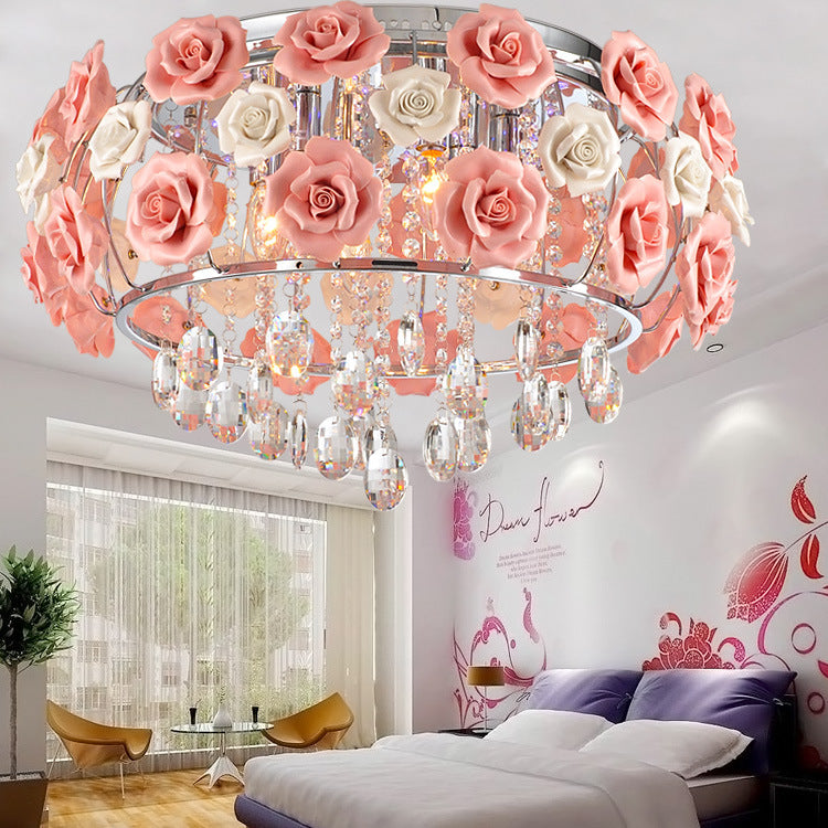Moderne Minimaliste Rose Ronde Cristal Branche Cristal Fer 5/6 Lumière Plafonnier Pour Chambre 