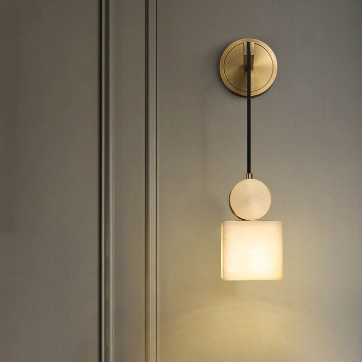 European Light Luxury Full Copper Square/Round Marble Shade 1-Light Wall Sconce Lamp
