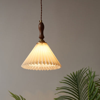 Vintage 1-Light Pleated Fabric Conical Pendant Light