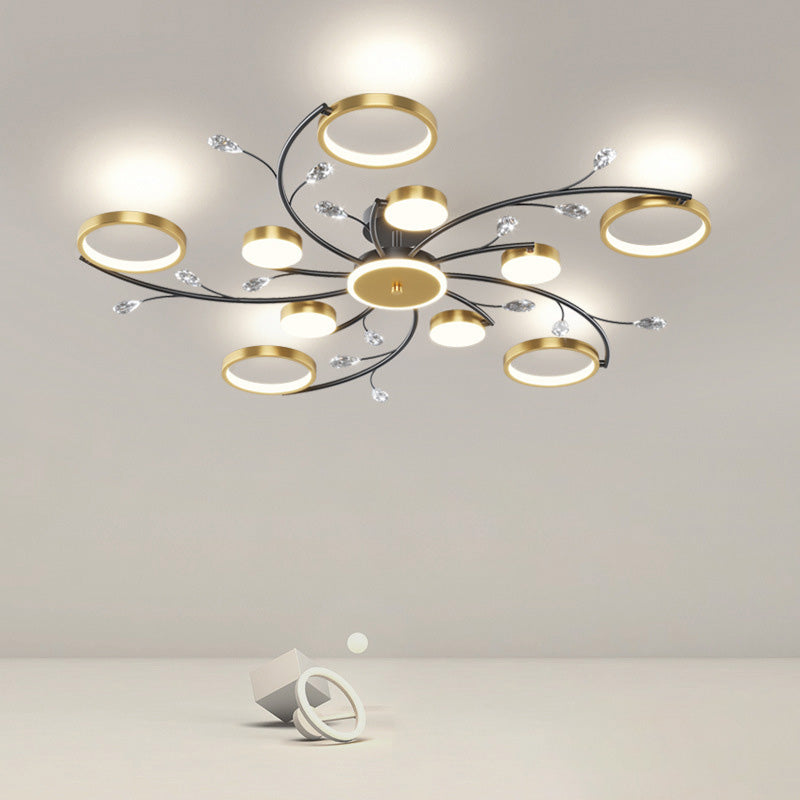 Moderne Luxus-Zweig Runde Hardware Eisen Acryl Kristall Silikon LED Semi-Flush Mount Deckenleuchte für Wohnzimmer 