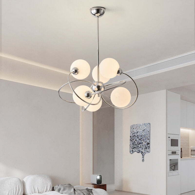Moderner Mid-Century Kronleuchter mit milchweißem Glasball und Chromring, 6-Licht für Wohnzimmer 