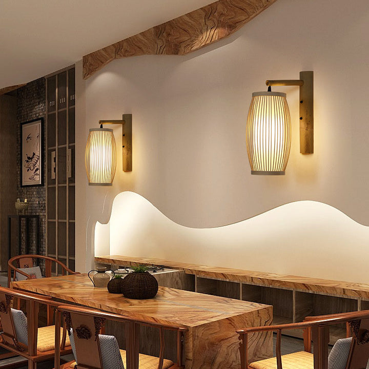 Traditionelle chinesische Weberei Bambuskäfig Form 1-Licht Wandleuchte für Wohnzimmer 