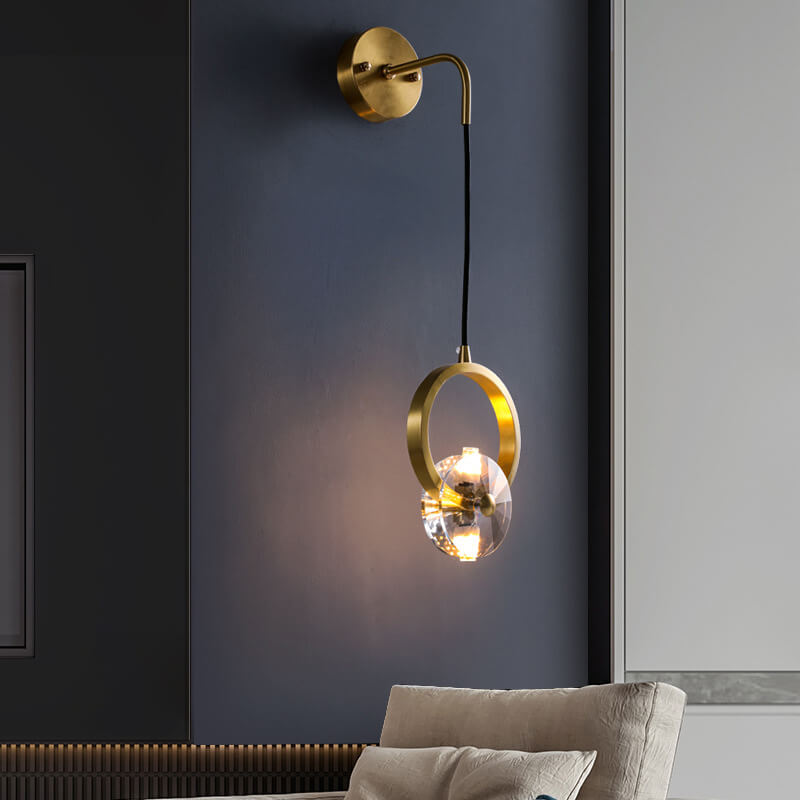 Moderne goldene Glamour-Kupfer-Kreis-Ring-Kristall 1-Licht-Wandleuchte 