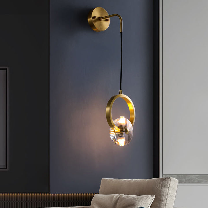 Moderne goldene Glamour-Kupfer-Kreis-Ring-Kristall 1-Licht-Wandleuchte 
