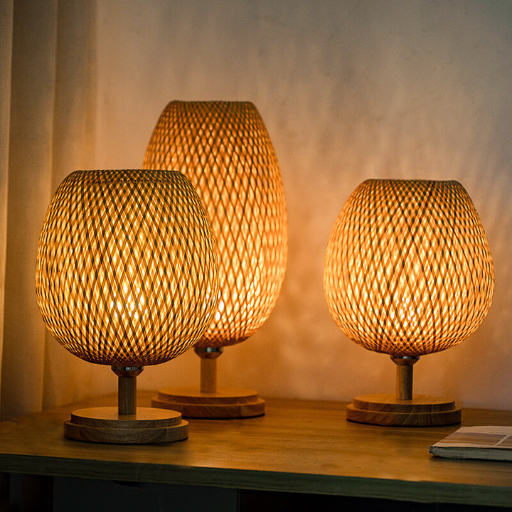 Traditional Chinese Moso Bamboo Wood Iron Weaving Oval Round 1-Light Table Lamp For Bedroom