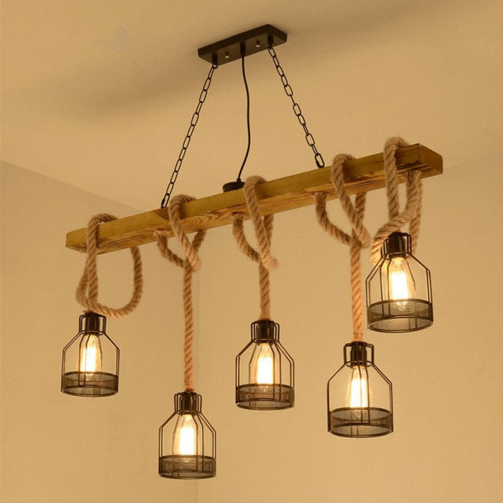 Traditioneller rustikaler Kronleuchter mit Holzbalken und Eisenkäfigschirm, 5 Lichter, Inselleuchte für Esszimmer 