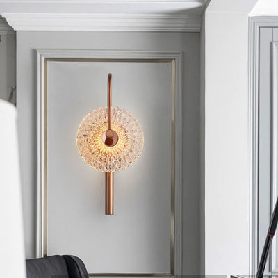 Französische leichte Luxus-Kupfer-Wasser-Muster-Glas-Runde-LED-Wandleuchte 