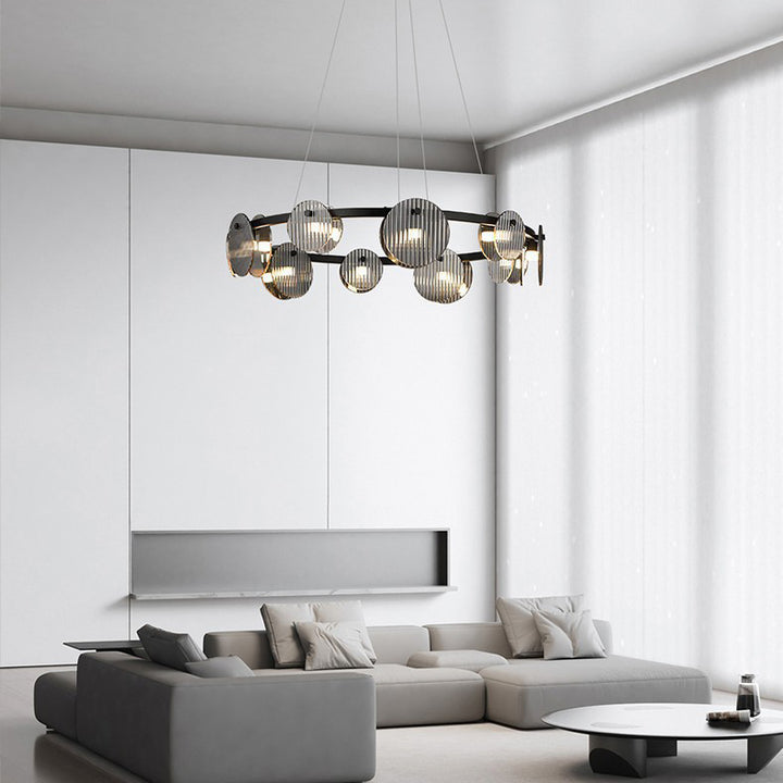 Lámpara de araña LED moderna minimalista de aros de hierro, vidrio y acrílico para salón 