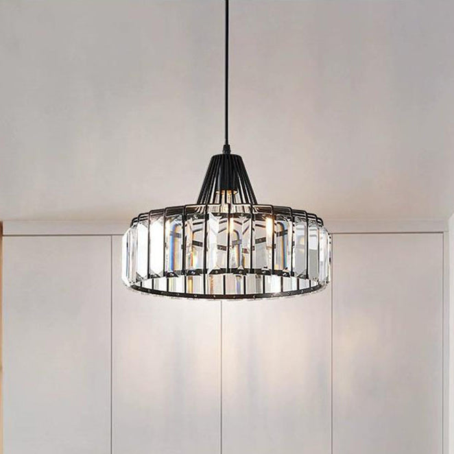 Zeitgenössische Luxus Eisen Zylinder Rahmen Kristall Schatten 1-Licht Pendelleuchte für Wohnzimmer 