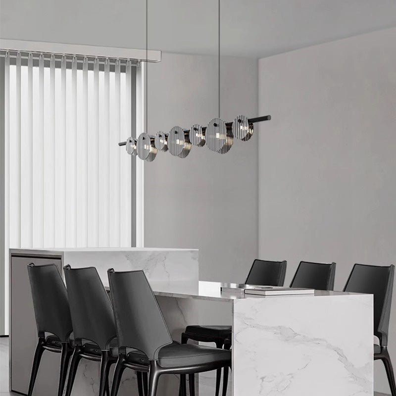 Moderne minimalistische Edelstahl vertikale Korn Glasscheibe LED Insel Licht Kronleuchter für Unterhaltungsraum 