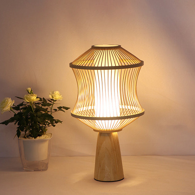 Traditional Japanese Nan Bamboo Solid Wood Geometric Cage Column 1-Light Table Lamp For Living Room &amp; Bedroom